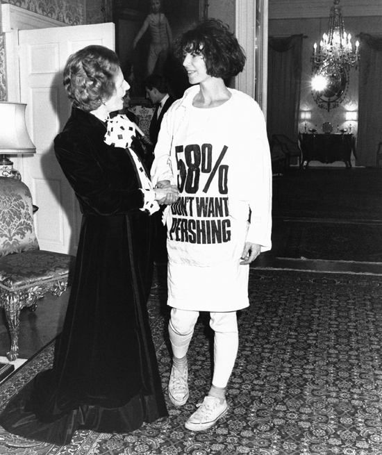 Katherine Hamnett meets Margaret Thatcher wearing her iconic '58% Don't Want Pershing' protest t-shirt